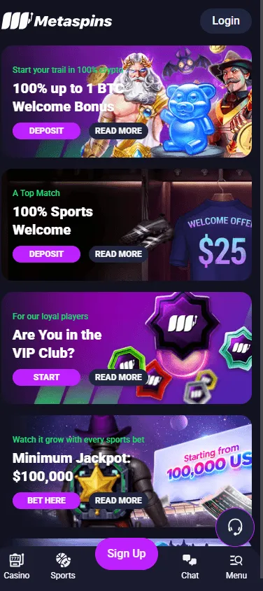 Metaspins Casino promotions in a mobile browser