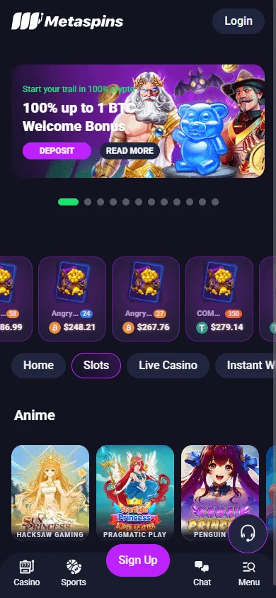 Metaspins Casino games catalogue in a mobile browser